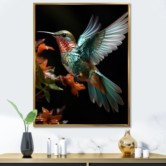 Designart "Blue Orange Animal Hummingbird" Animals Floater Framed Wall Art Living Room