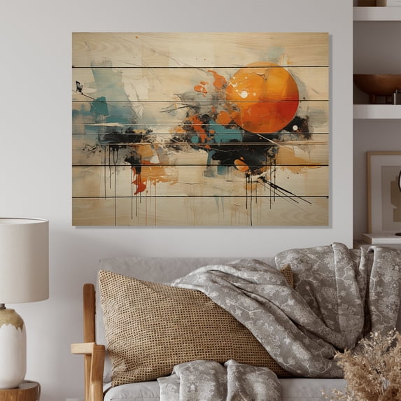 Designart "Blue Orange Bold Energy III" Abstract Collages Print on Natural Pine Wood