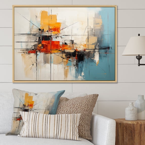 Designart "Blue Orange Bold Energy IV" Abstract Collages Floater Framed Canvas Wall Art