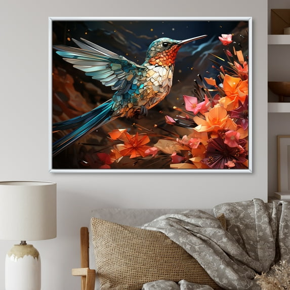 Designart "Blue Orange Hummingbird Enchanting Hum Geometric II" Animals Floater Framed Wall Art Living Room