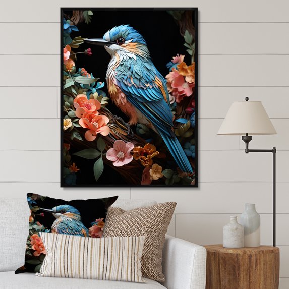 Designart "Blue Orange Hummingbird Enchanting Hum Pastoral" Animals Floater Framed Wall Decor