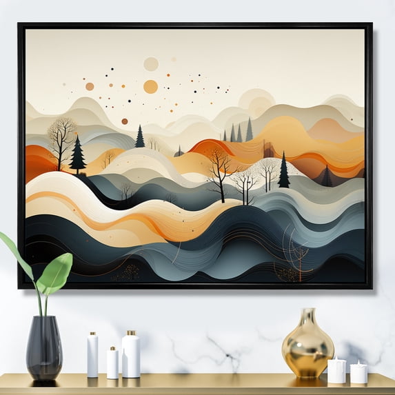 Designart "Blue Orange Line Art Landscape" Abstract Line Floater Framed Wall Art Print