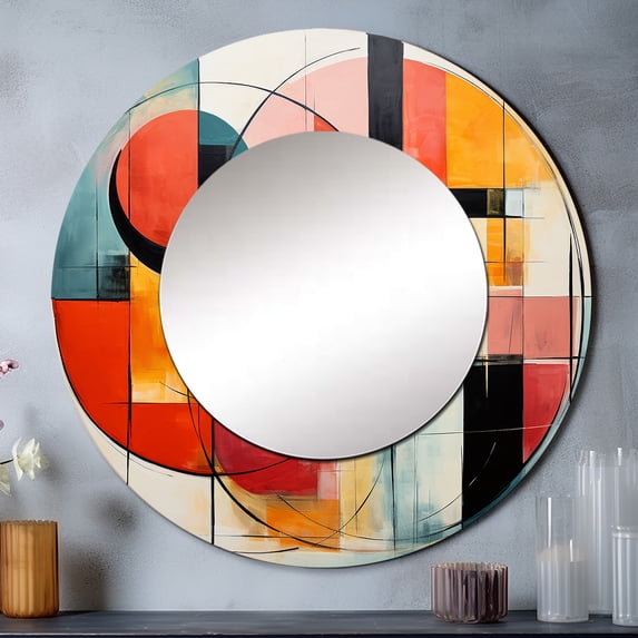 Designart "Blue Orange Mid Century Geometric composition I" Abstract Collages Blue Large Round Mirror - Round Mirror Wall Décor - Mid-Century Round Printed Mirror 23" x 23" Inch