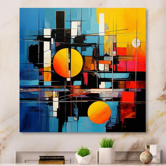 Designart "Blue Orange Mid Century modern Reflections II" Mid-century Wall Art Print