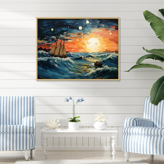 Designart "Blue Orange Ocean Oceanic Odyssey Patchwork" Nautical & Beach Floater Framed Wall Art Print