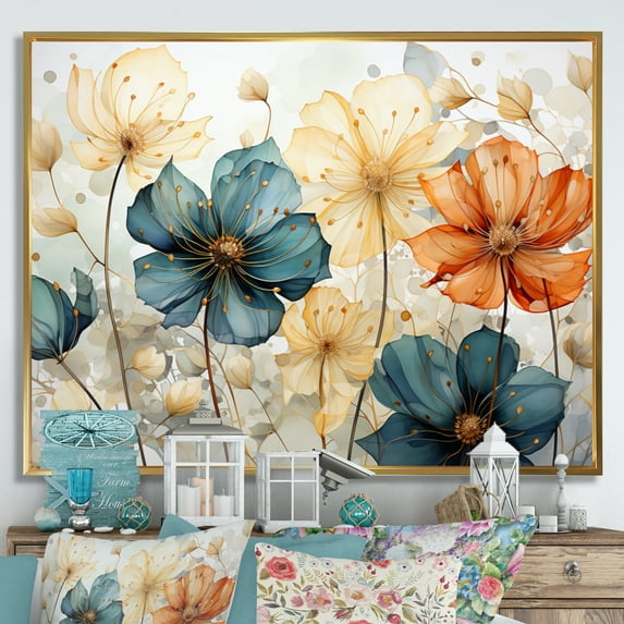 Designart "Blue Orange Petal Mosaics I" Abstract Botanicals Floater Framed Canvas Art Print