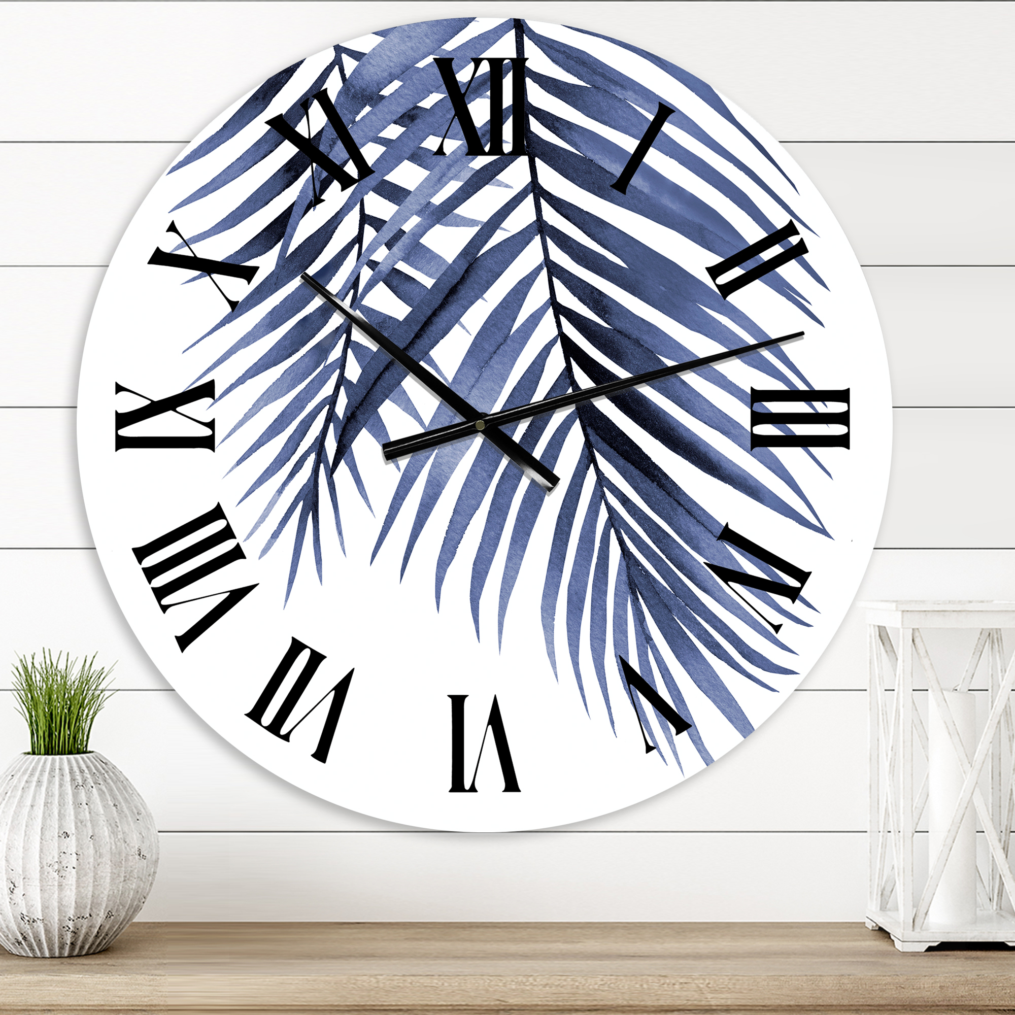 Designart 'Blue Palm Leaves Abstract Tropical Branches' Traditional Wall Clock