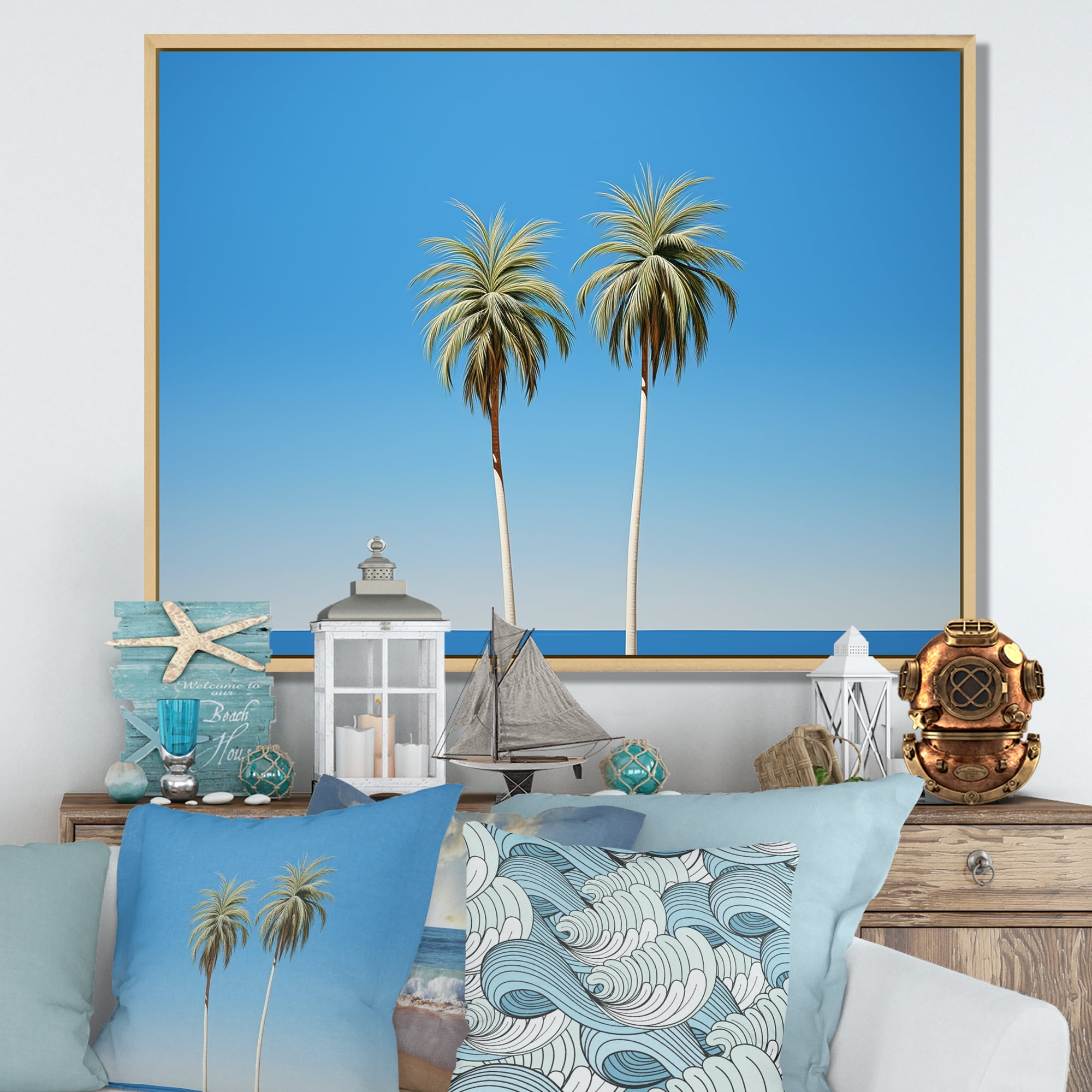 Blue Palm Tree Coastal Framed Canvas Print with Maple Frame
