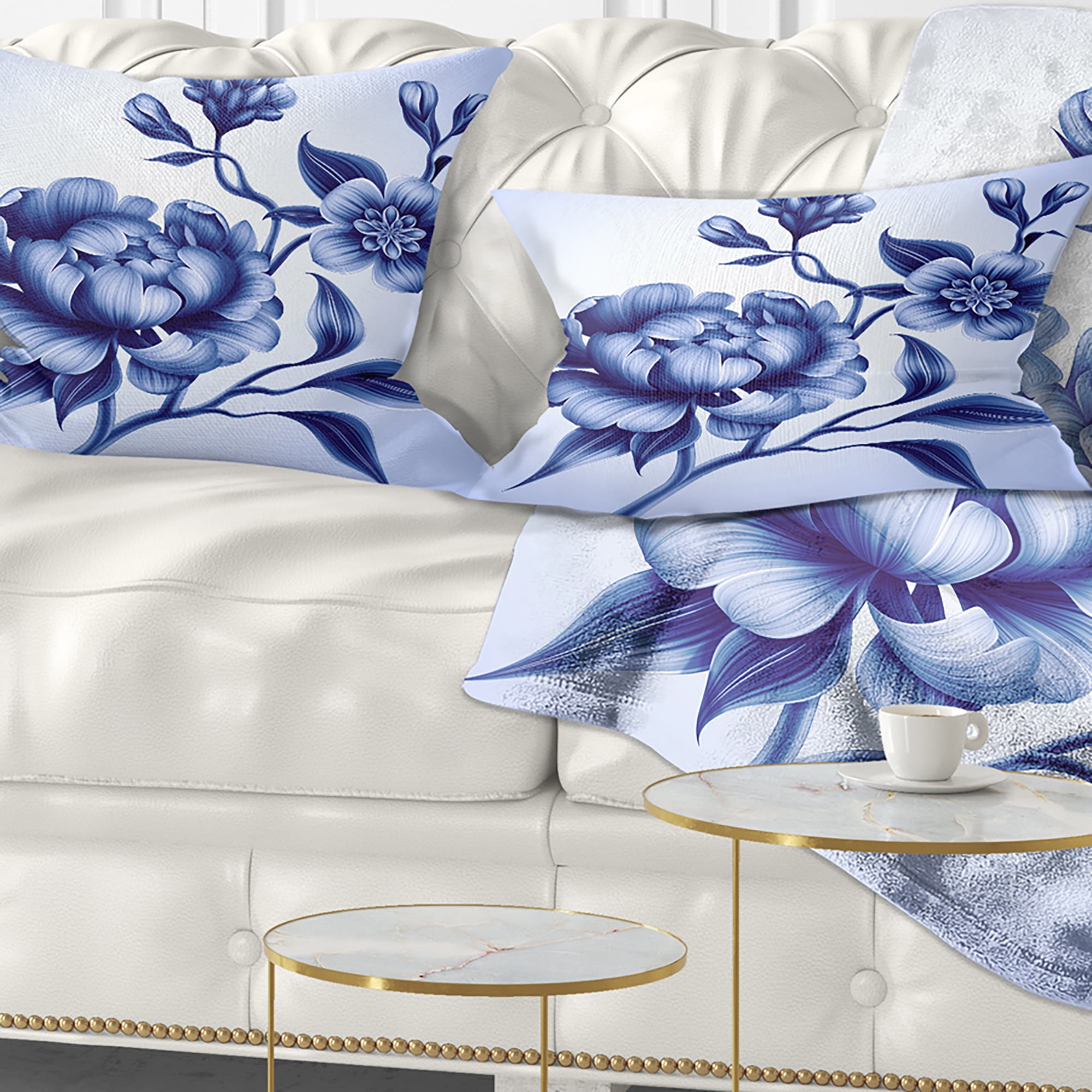 Designart Blue Peony Rose and Sakura Flowers - Floral Throw Pillow - 12x20