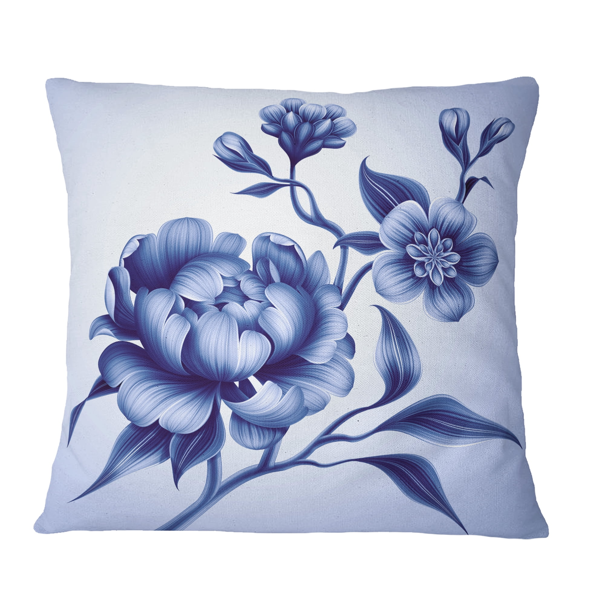 Designart Blue Peony Rose and Sakura Flowers - Floral Throw Pillow - 18x18