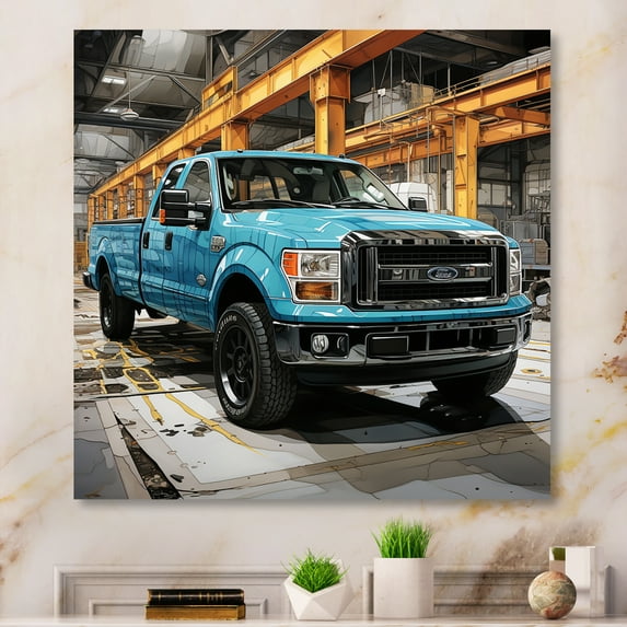 Designart "Blue Pickup Truck Industrial Drive" Transportation Metal Wall Art
