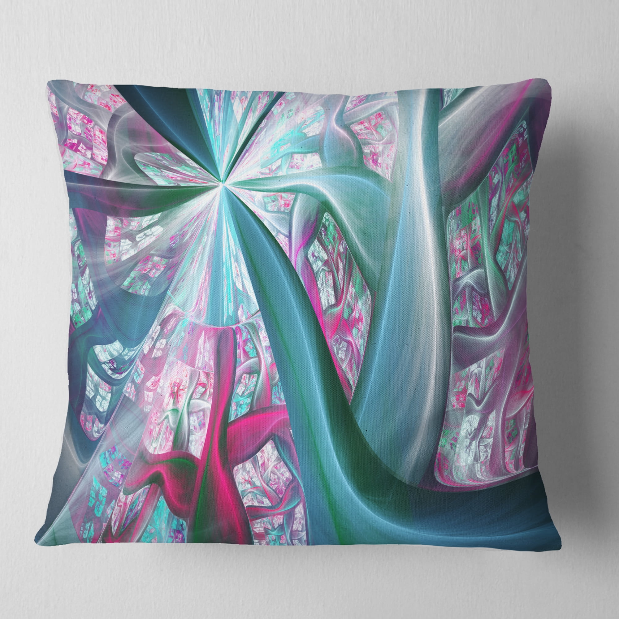 Designart Blue Pink Fractal Plant Stems - Abstract Throw Pillow - 16x16