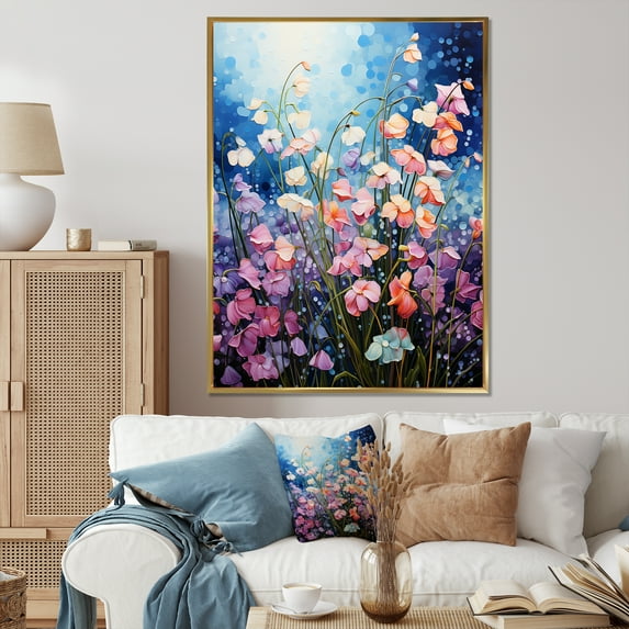 Designart "Blue Pink Orchids landscape Pointillism Dot" Floral Floater Framed Wall Decor