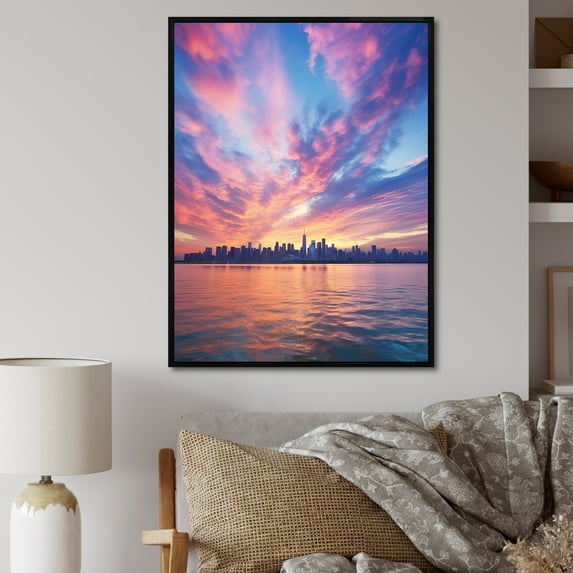 Designart "Blue Pink Sskyline Euphony II" Nautical & Beach Floater Framed Canvas Print