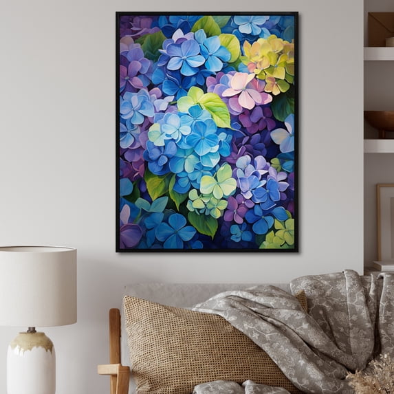 Designart "Blue Purple Hydrangea Petals In Flow" Floral Floater Framed Canvas Print
