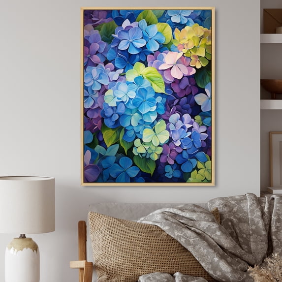 Designart "Blue Purple Hydrangea Petals In Flow" Floral Floater Framed Canvas Print