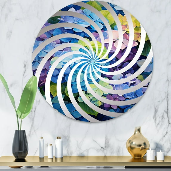 Designart "Blue Purple Hydrangea Petals In Flow" Floral Vortex Round Wall Mirror - Floral Oval Printed Decorative Mirror - Multiple Color Options