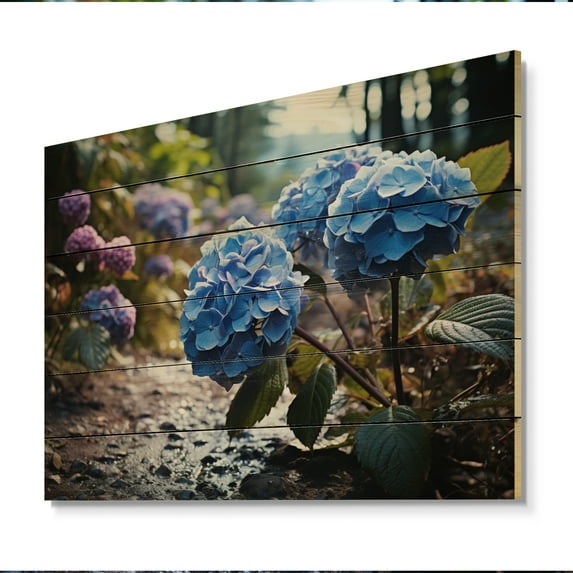 Designart "Blue Purple Hydrangea landscape II" Floral Print on Natural Pine Wood