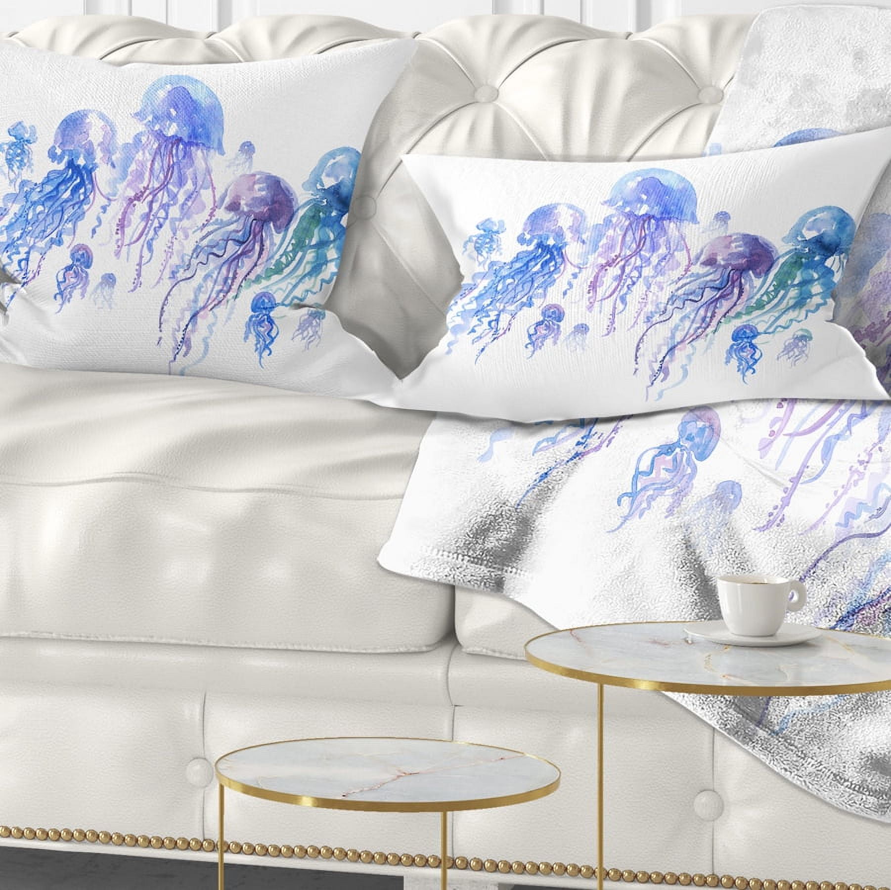 Designart Blue Purple Jellyfish Group - Abstract Throw Pillow - 12x20