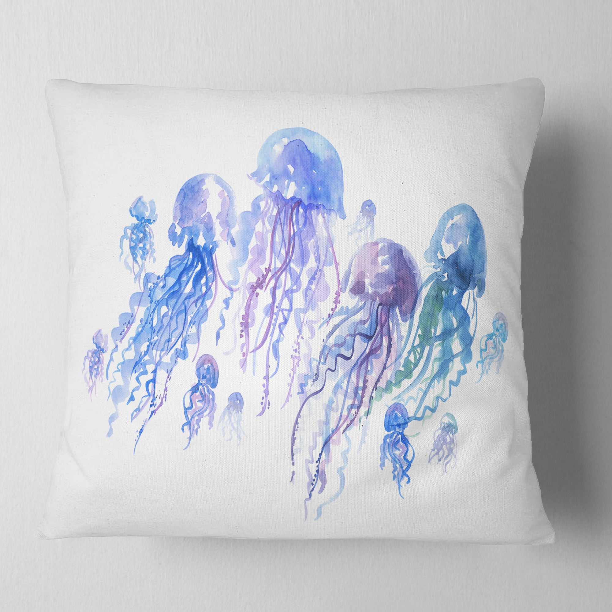 Designart Blue Purple Jellyfish Group - Abstract Throw Pillow - 18x18