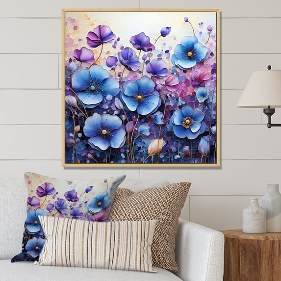 Designart "Blue Purple Pansies landscape Pointillism Dot" Floral Floater Framed Canvas Art Print