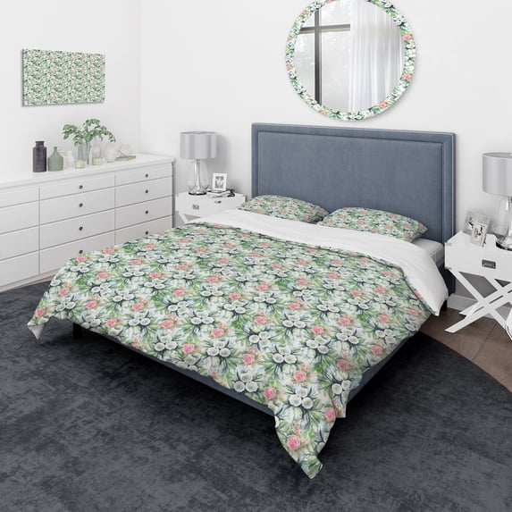 Designart 'Blue, Purple White Abstract Floral Pattern' Traditional Duvet Cover Set