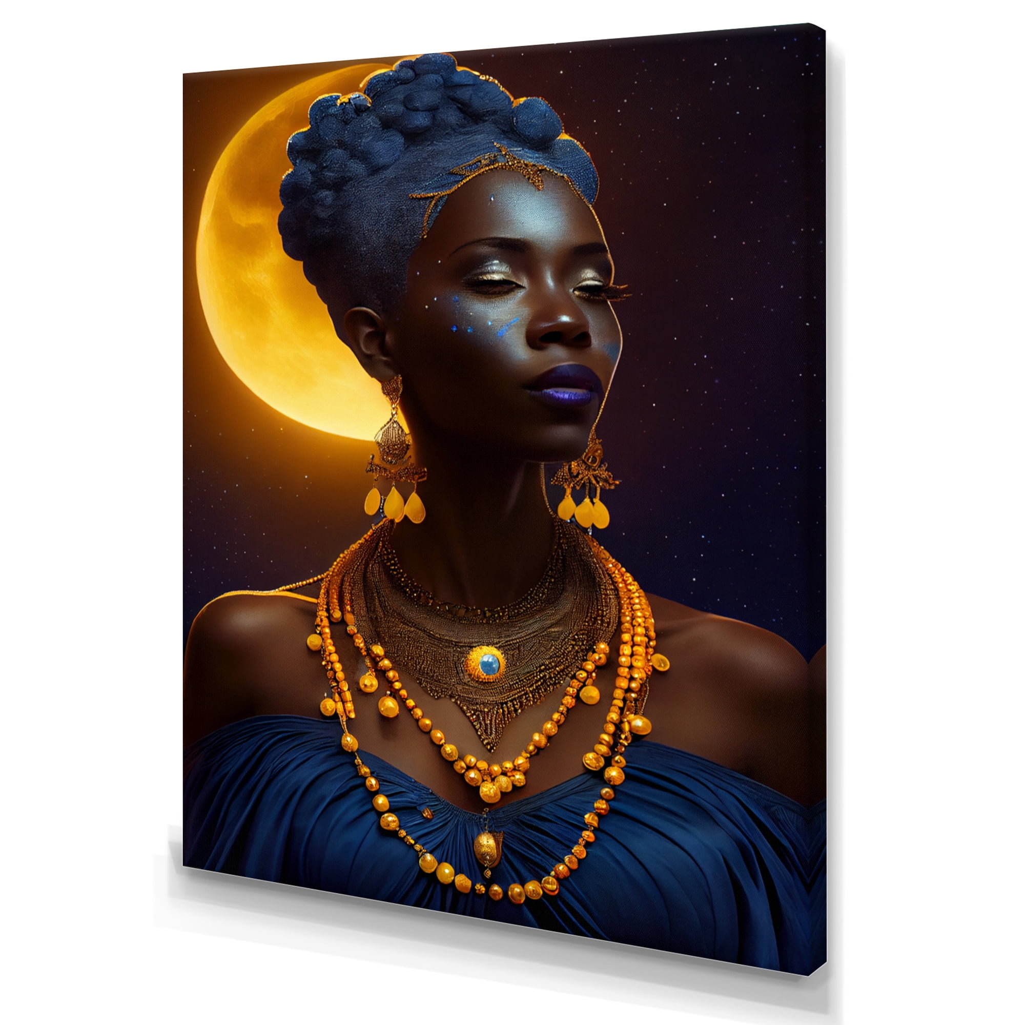 Designart Blue Queen African Woman Under Moon II Canvas Wall Art
