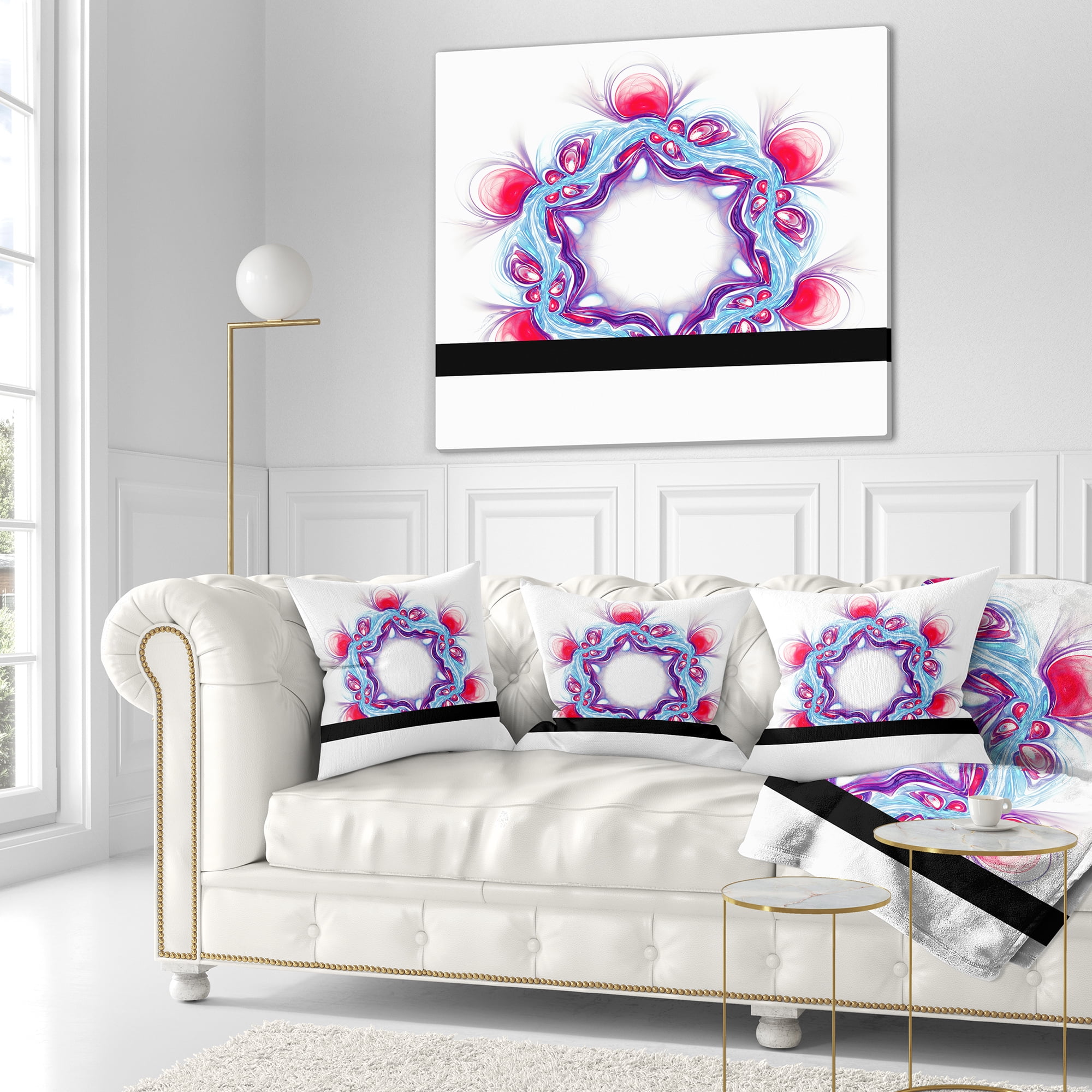 Designart Blue Red Fractal Flower on White - Floral Throw Pillow - 18x18