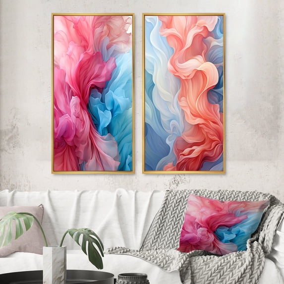 Designart "Blue Red Ink Waves Rhythmic I" Abstract Liquid Ink Framed Wall Art Set Of 2 - Modern Blue Framed Canvas Set For Living Room Decor