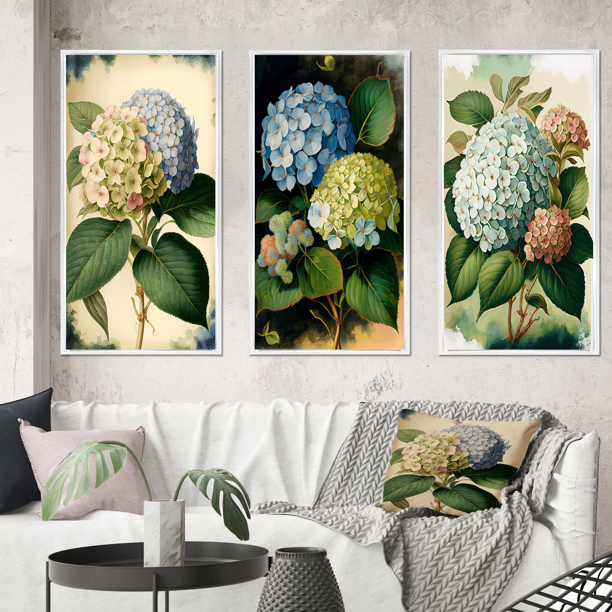 Designart "Blue Retro Hydrangea in Bloom I" Floral Framed Wall Art Set ...