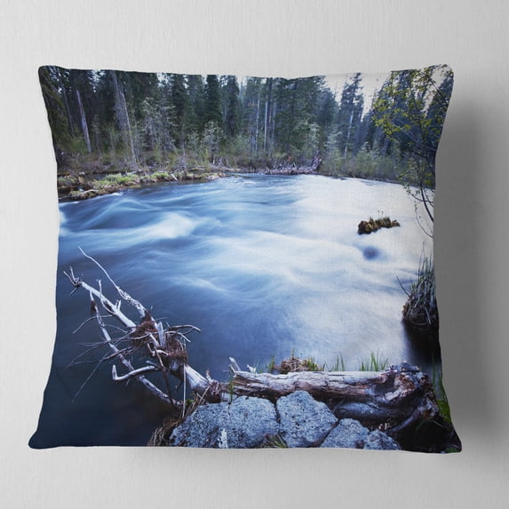 Designart Blue River in Forest At Evening - Landscape Printed Throw Pillow - 16x16