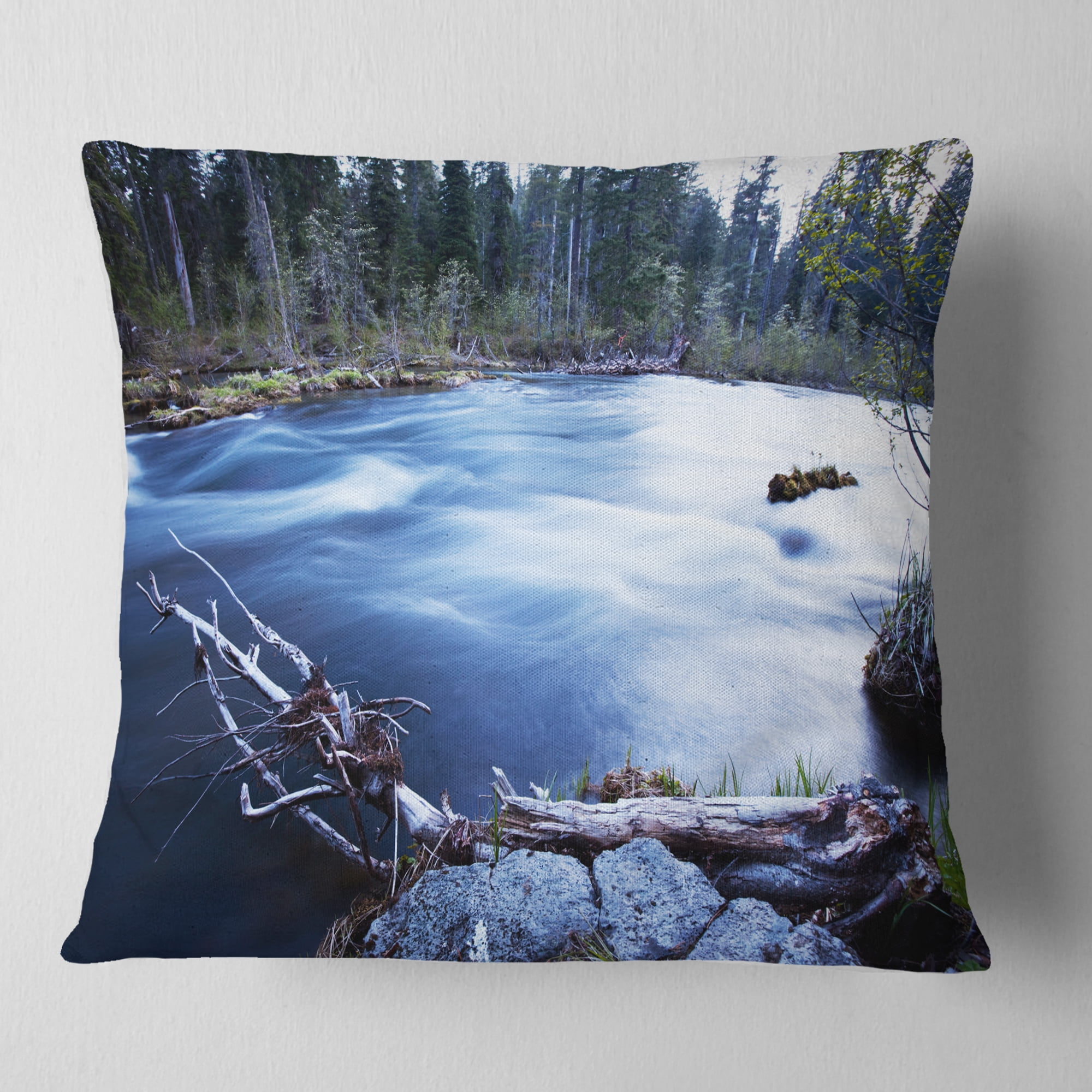 Designart Blue River in Forest At Evening - Landscape Printed Throw Pillow - 18x18
