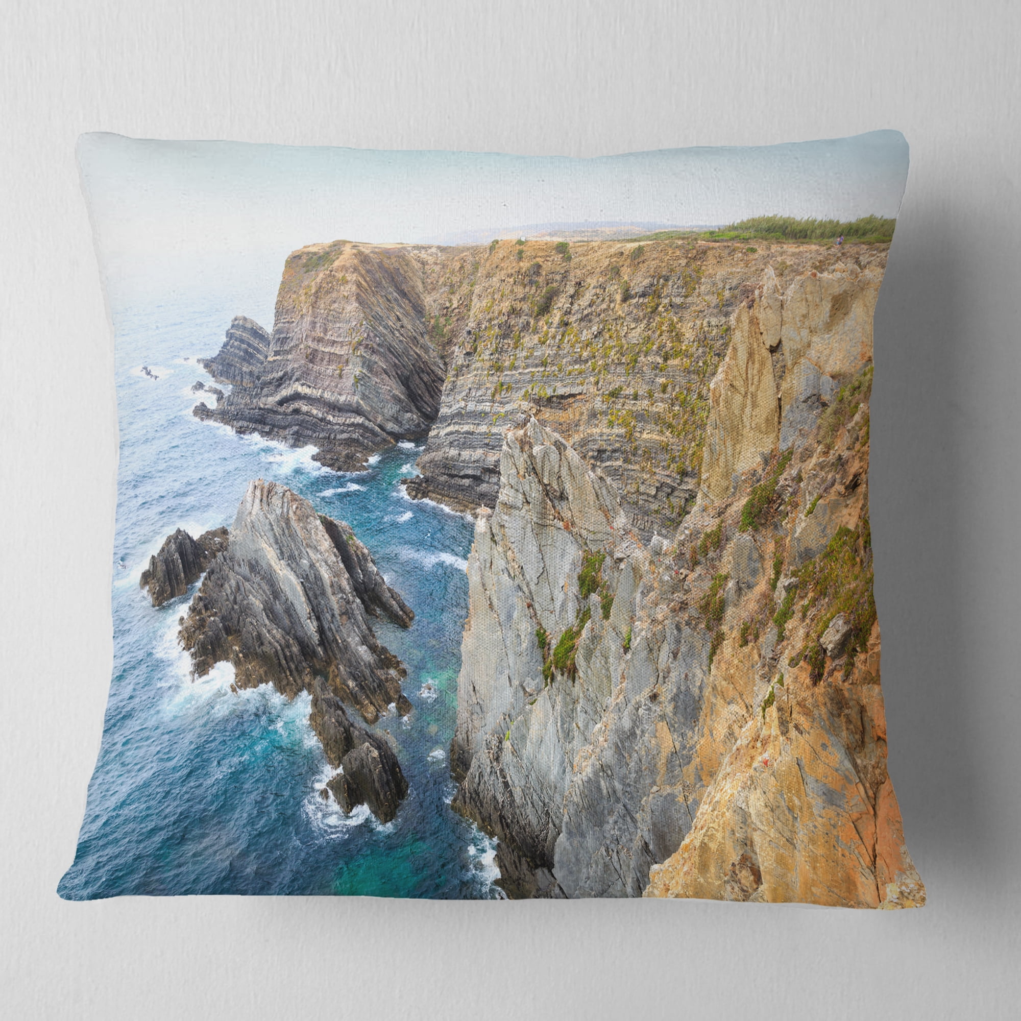 Designart Blue Rocky Bay Portugal Panorama - Seashore Throw Pillow - 16x16
