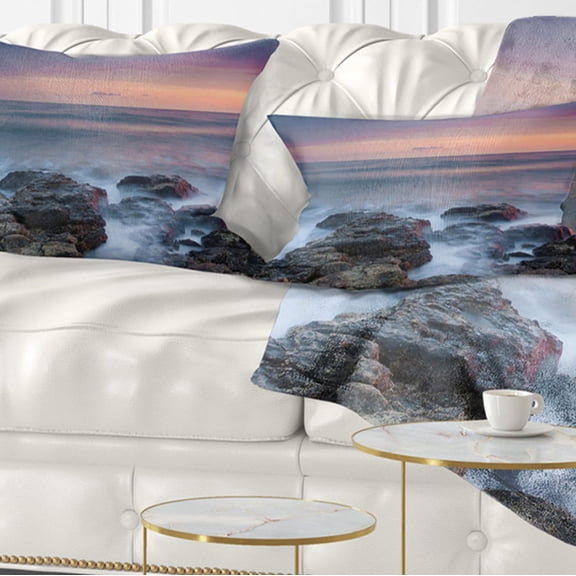 Designart Blue Rocky Sea Beach Sunset - Modern Landscape Printed Throw Pillow - 12x20