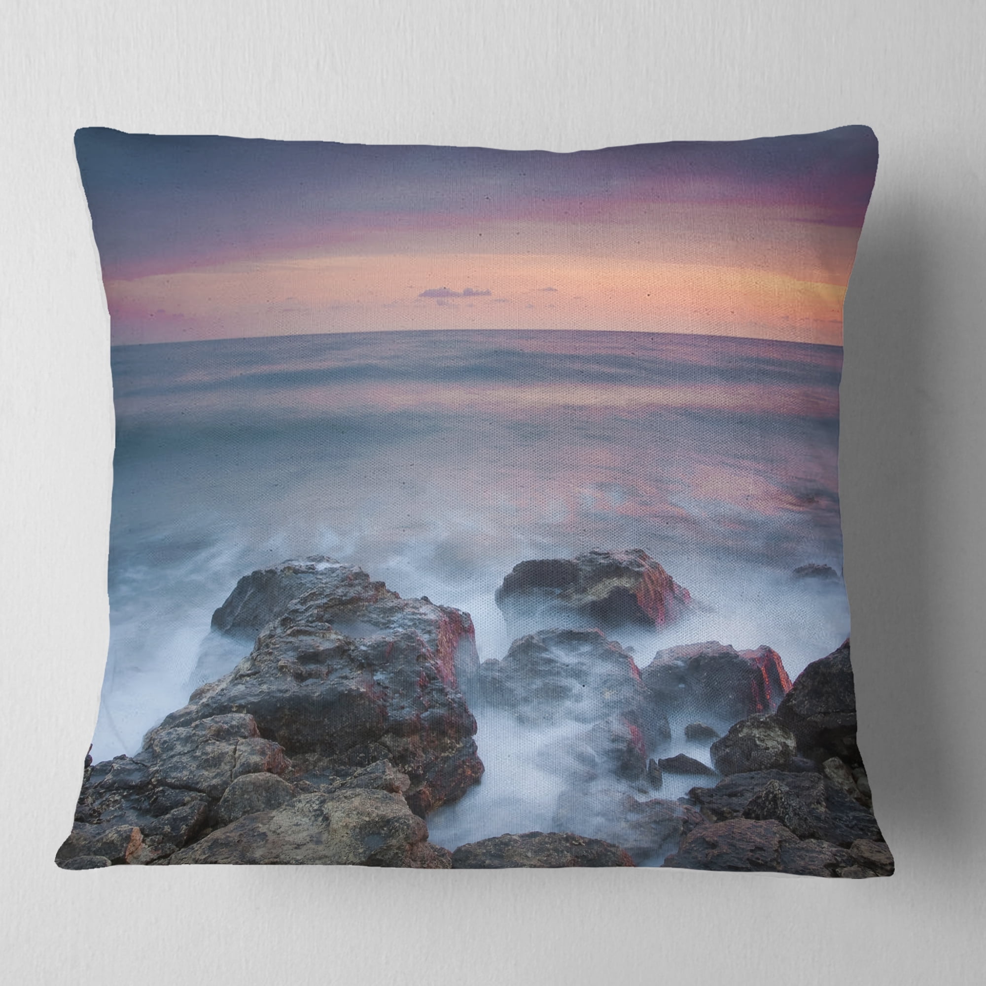 Designart Blue Rocky Sea Beach Sunset - Modern Landscape Printed Throw Pillow - 16x16