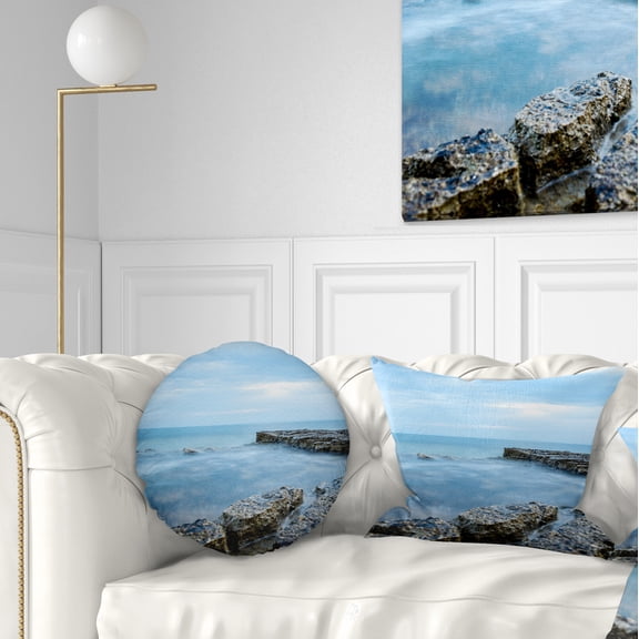 Designart Blue Rocky Seashore - Beach Photography Throw Pillow - 12x20