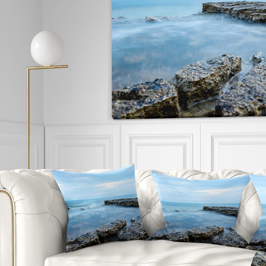 Designart Blue Rocky Seashore - Beach Photography Throw Pillow - 18x18