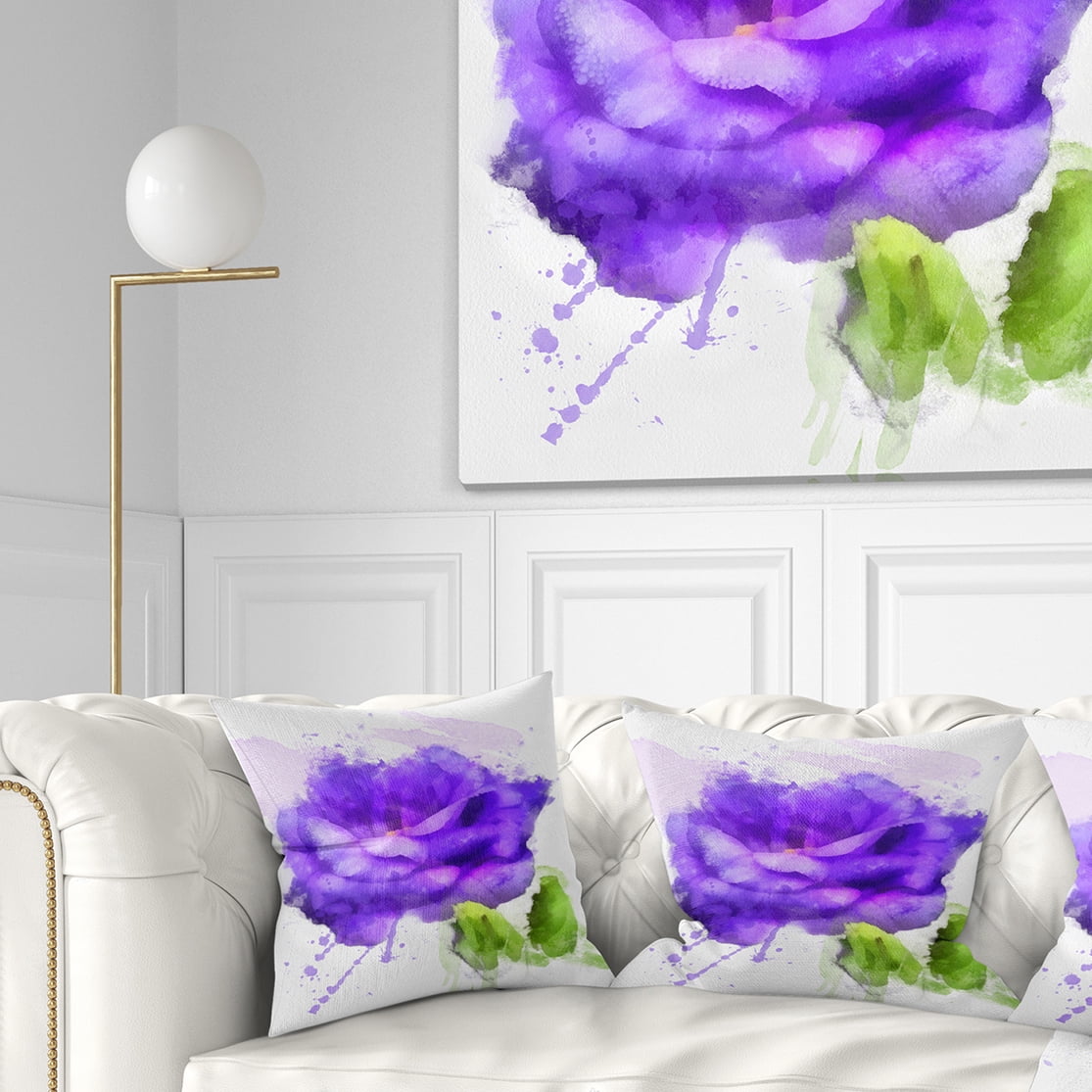 Designart Blue Rose Flower with Paint Splashes - Floral Throw Pillow - 16x16