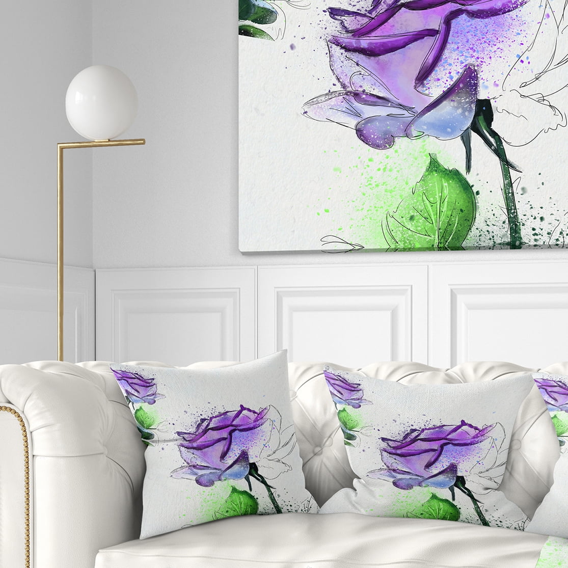 Designart Blue Rose Flowers with Green Leaves - Floral Throw Pillow - 16x16
