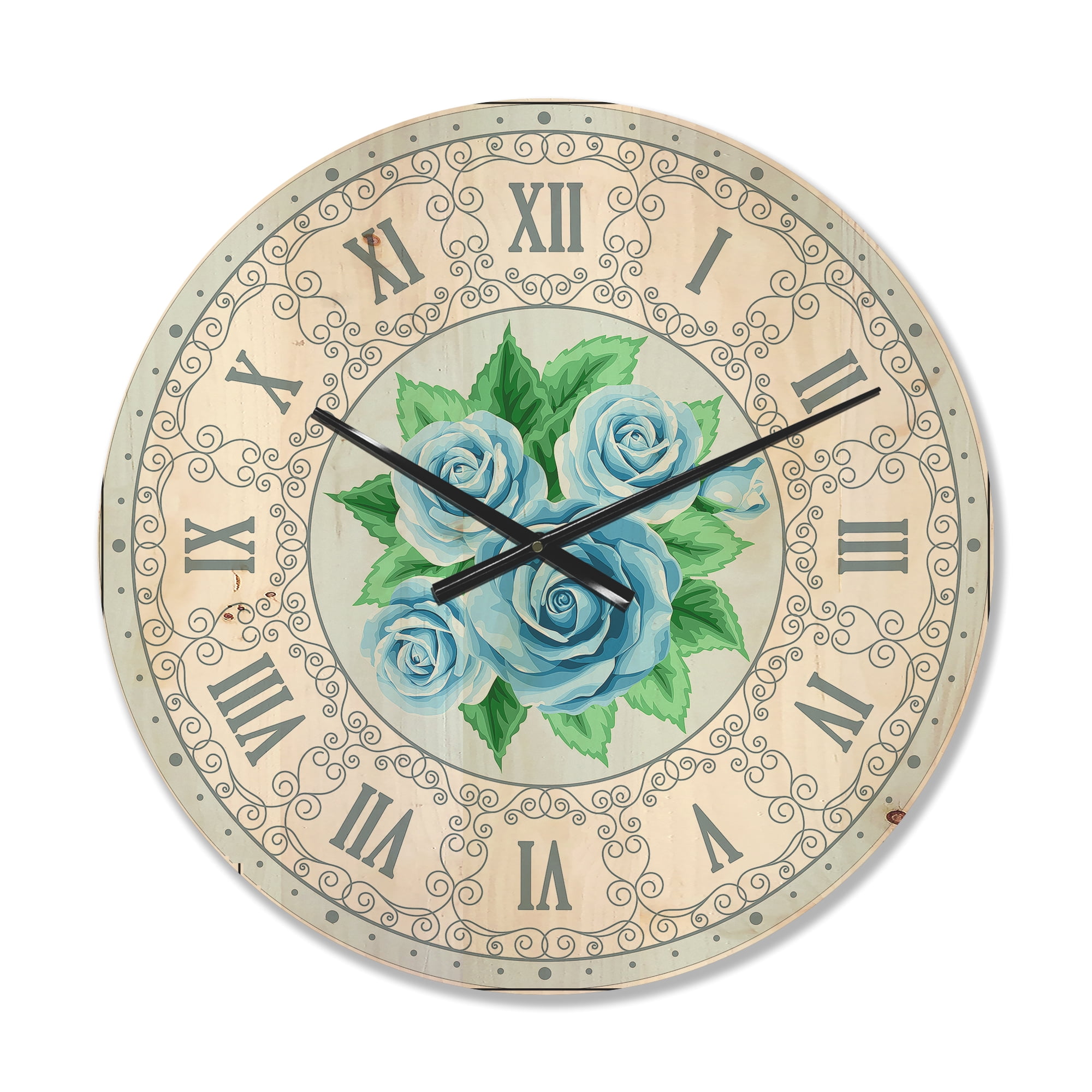 Designart 'Blue Roses With Green Leaves Shabby Chic Vintage ' Modern Wood Wall Clock