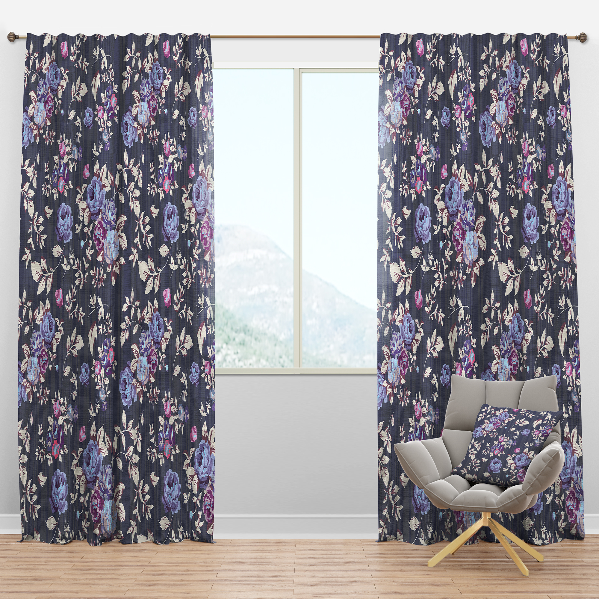 Designart 'Blue Roses on Abstract Background' Floral Blackout Curtain Panel