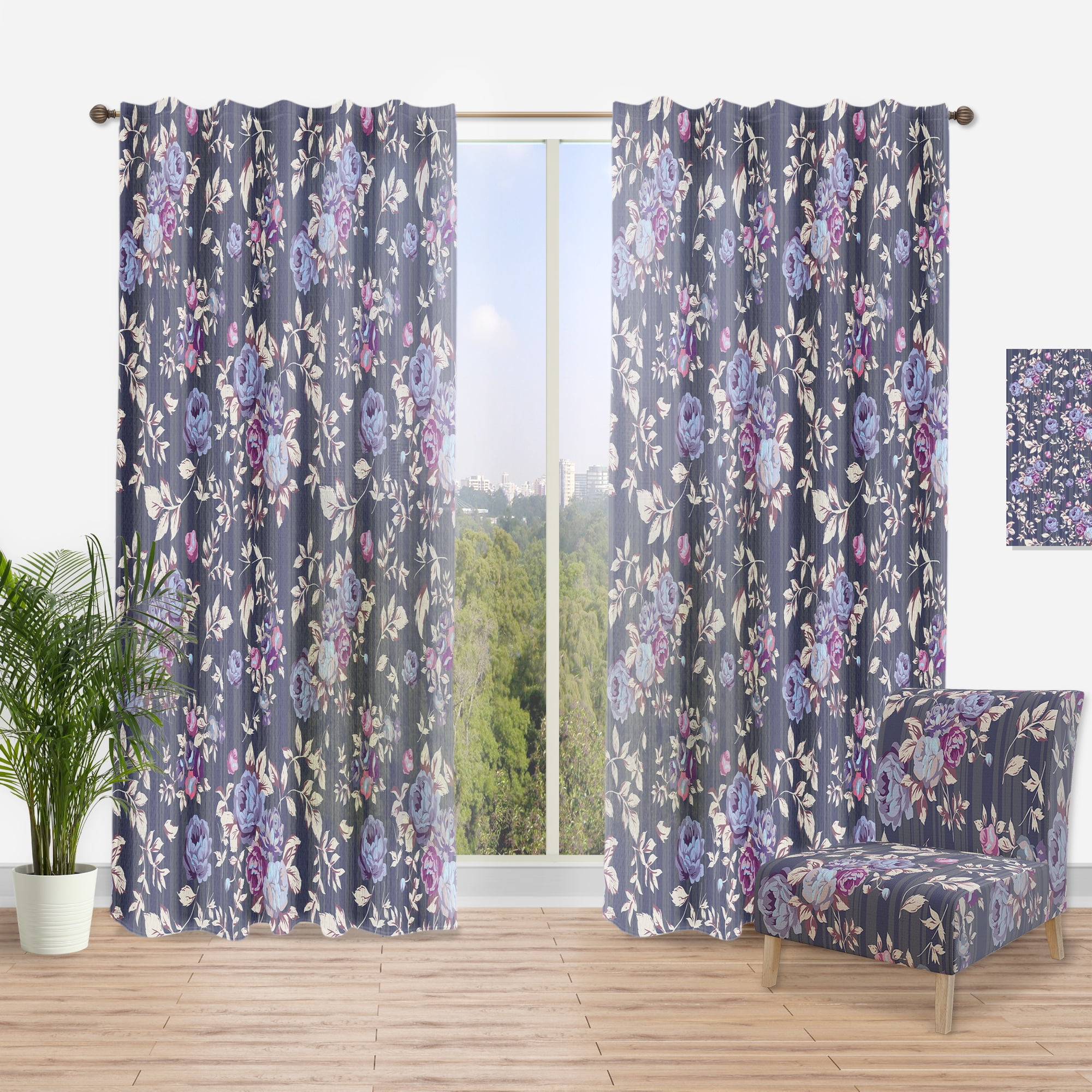 Designart 'Blue Roses on Abstract Background' Floral Curtain Panel