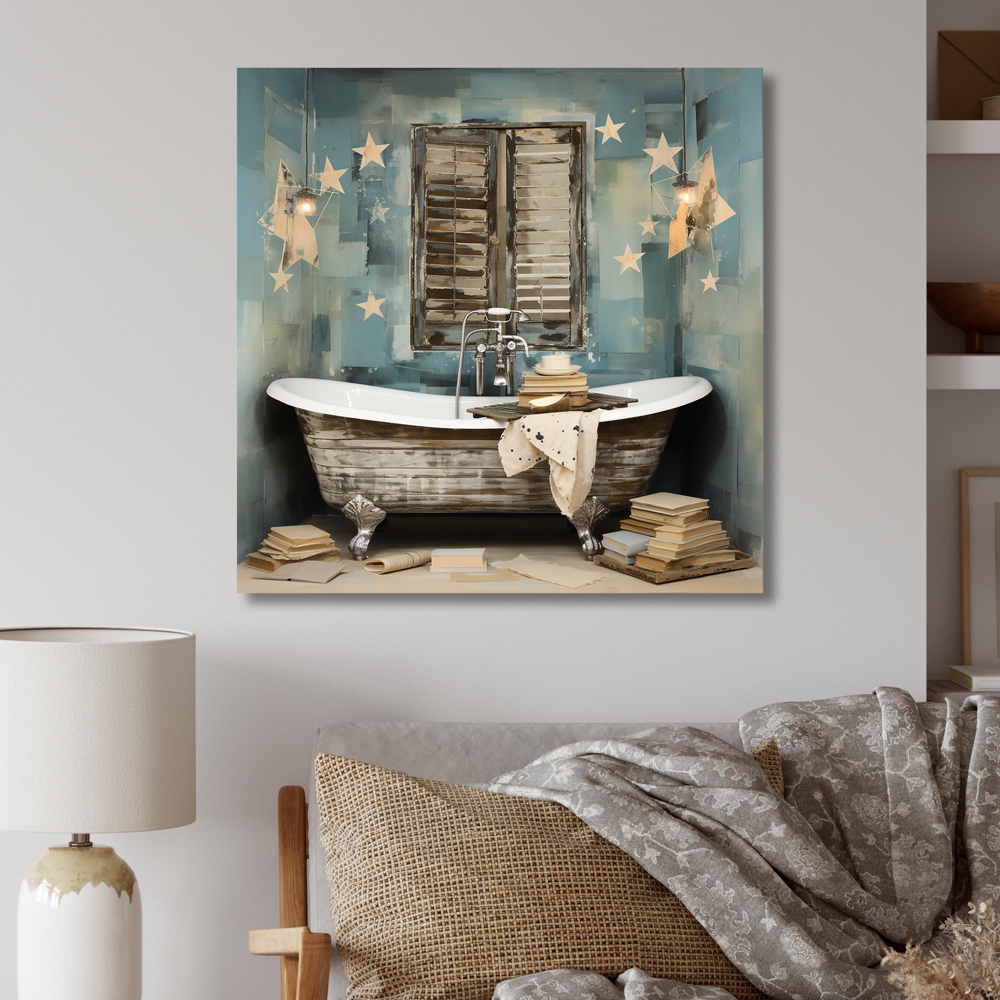 Designart "Blue Rustic Bathroom retreat In Blue and White"Bathroom