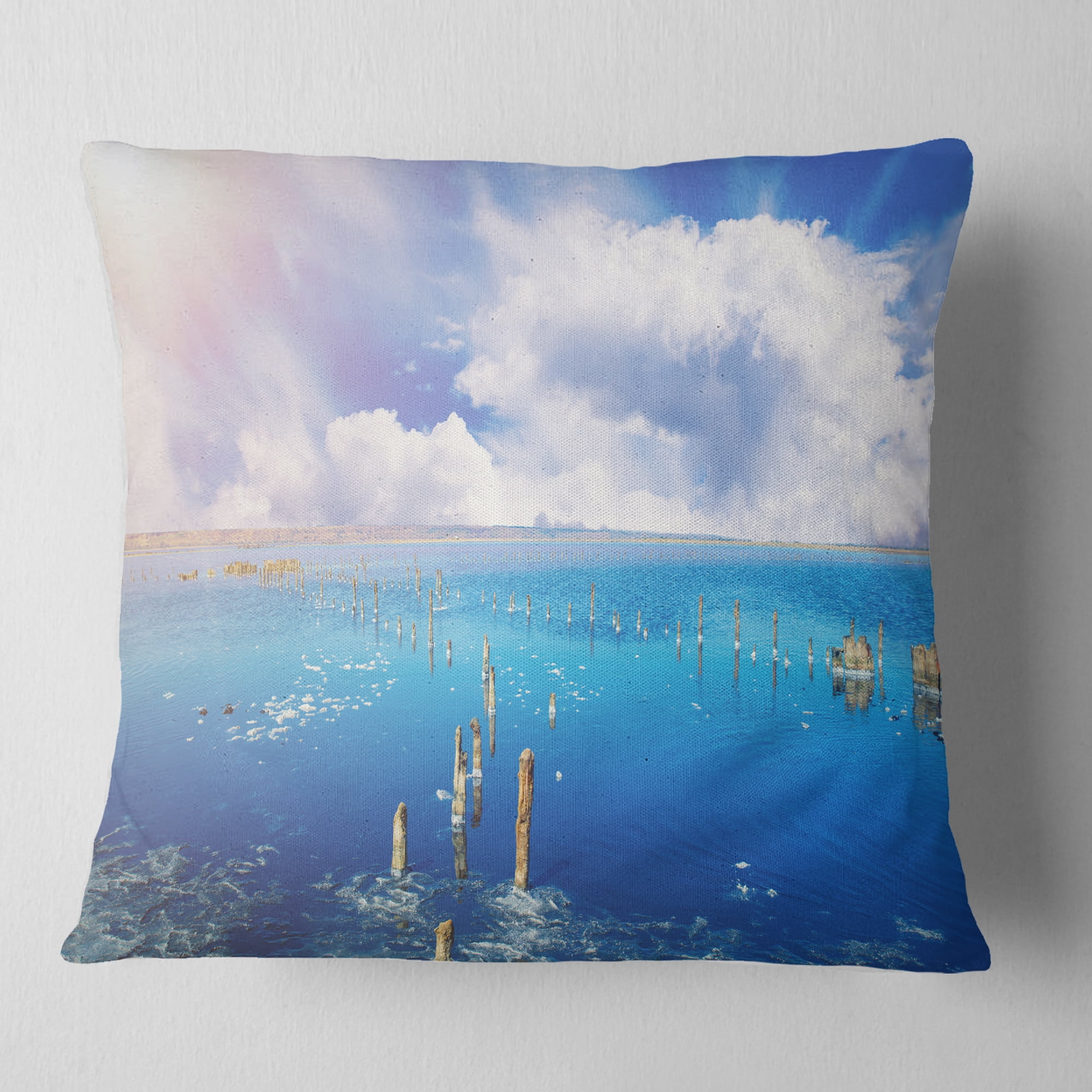 Designart Blue Salt Lake under Clouds - Seascape Throw Pillow - 16x16
