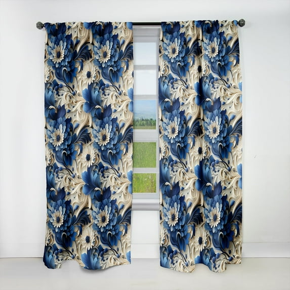 Designart "Blue Scrollwork Swirls: Victorian Inspired II" Floral Blackout Curtain Single Panel