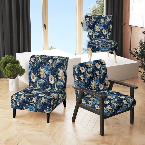 Designart "Blue Scrollwork Swirls Victorian Pattern" Upholstered Floral Accent Chair and Cottage Arm Chair - Multiple Color & Pattern