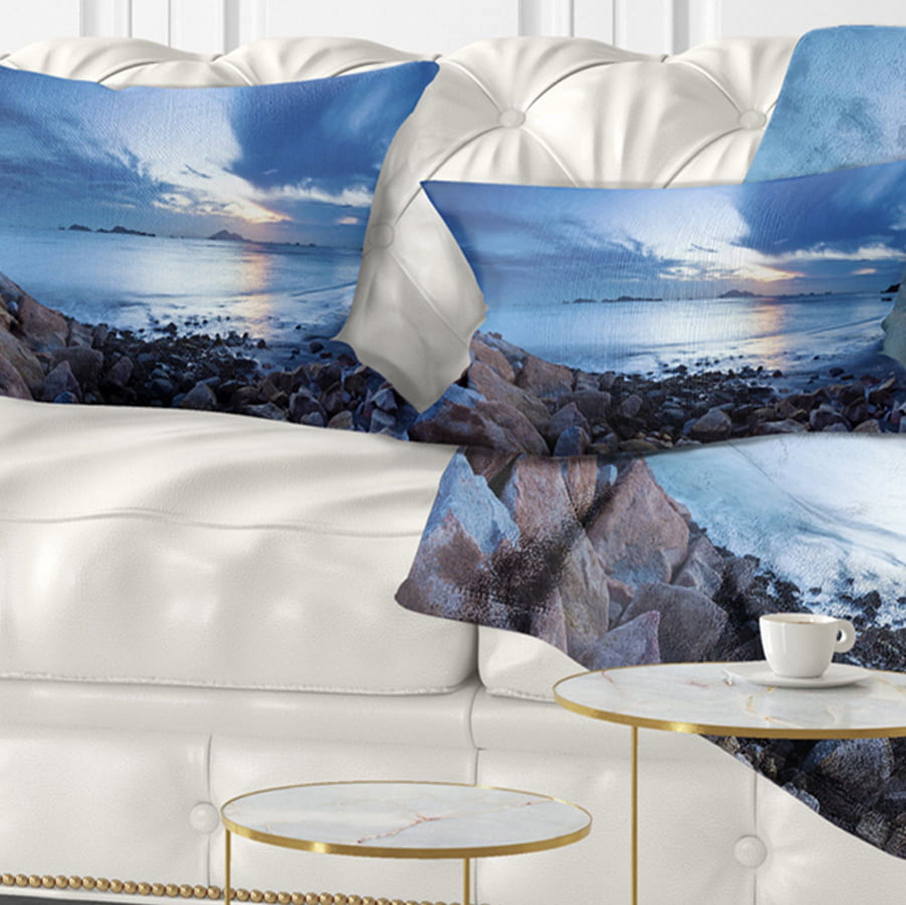 Designart Blue Sea Sunset on Sandy Coastline - Seashore Throw Pillow - 12x20