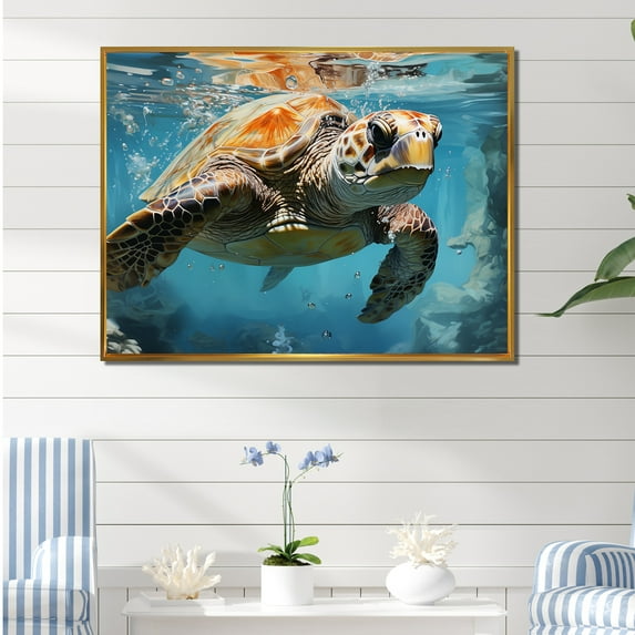 Designart "Blue Sea Turtle Explorer" Animals Turtle Floater Framed Wall Art Living Room