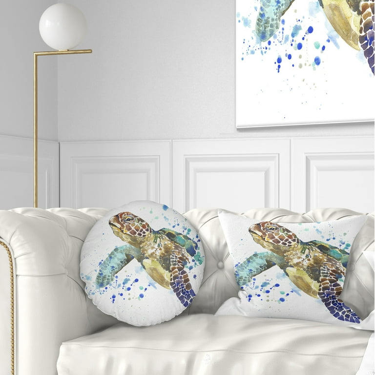 Designart Blue Sea Turtle Illustration Animal Throw Pillow