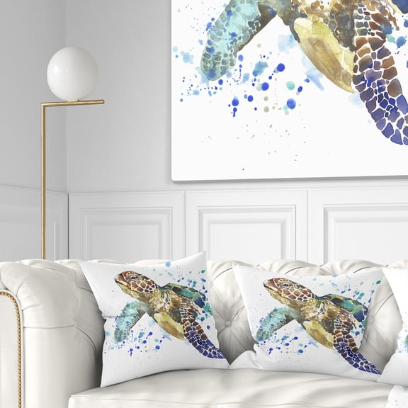Designart Blue Sea Turtle Illustration - Animal Throw Pillow - 16x16